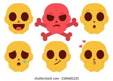 Skull emotions vector cartoon set isolated on a white background.