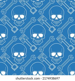 Skull and Engine piston pattern seamless. motorcycle pistons background. Car workshop texture