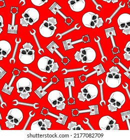 Skull and Engine piston pattern seamless. motorcycle pistons background. Car workshop texture