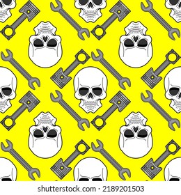 Skull and Engine piston pattern seamless. motorcycle pistons background. Car workshop texture