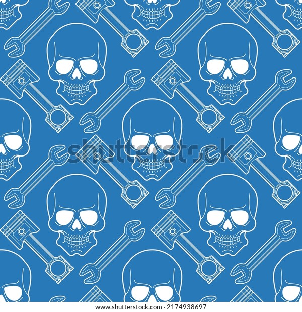 Skull and Engine piston pattern\
seamless. motorcycle pistons background. Car workshop\
texture