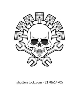 Skull and Engine piston sign. motorcycle pistons icon. Car workshop symbol