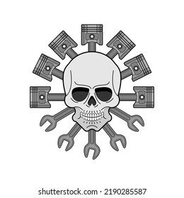 Skull and Engine piston sign. motorcycle pistons icon. Car workshop symbol