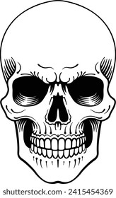 A skull in an engraved woodcut etching tattoo design