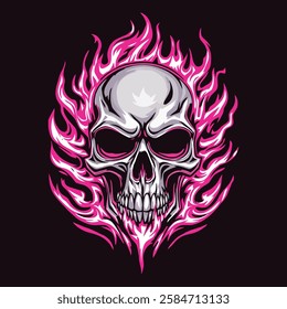 Skull Engulfed in Neon Pink Flames with Glowing Eyes – Gothic Digital Illustration