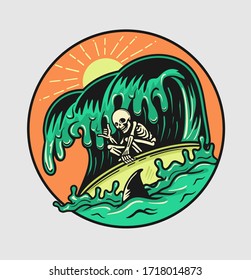 skull enjoy the summer surfing big waves and shark