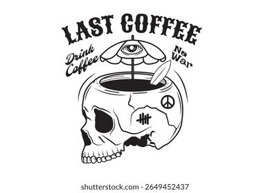 Uma caveira desfrutando de uma xícara de café se torna um símbolo poderoso de resistência, sussurrando uma mensagem simples: 'Sem guerra, apenas paz e cafeína