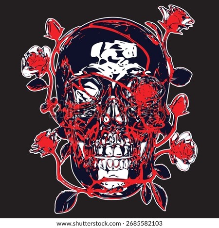 Skull entwined with red roses and vines—dark, dramatic, and romantic. A vivid clash of death and beauty blooming from within.
