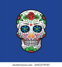 Cráneo eps archivo con fondo azul Sugar Skulls. Día de los Muertos, fondo aislado. Día de los Muertos. Cráneo de azúcar mexicano. Elemento de diseño para logotipo, emblema, signo, cartel, tarjeta, prohibición