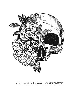Skull with exotic flowers. Black on a white background, Skull sketch vector illustration, Vector hand drawn illustration.