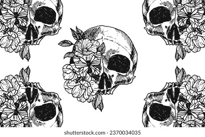 Skull with exotic flowers. Black on a white background, Skull sketch vector illustration, Vector hand drawn illustration.
