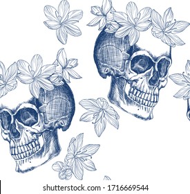 Skull with exotic flowers. Blue on a white background.  