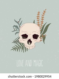 Skull and exotic tropical flowers. Cards with Mystical and Mexico elements. Mexican holiday "Day of the Dead" (Dia de los Muertos). Human skull vector illustration.