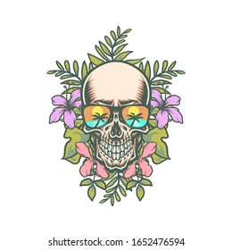 Skull and exotic tropical flowers, hand drawn line with digital color, vector illustration