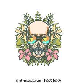 Skull and exotic tropical flowers, hand drawn line with digital color, vector illustration