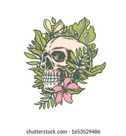 Skull and exotic tropical flowers, hand drawn line with digital color, vector illustration