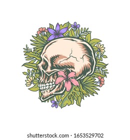 Skull and exotic tropical flowers, hand drawn line with digital color, vector illustration