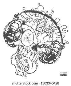 The skull explodes from the music from the headphones, Can be used for creating logo, posters, flyers, emblem, prints, web. Hand drawn vector illustration