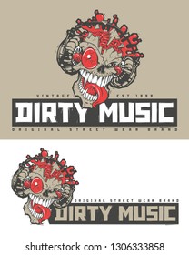 skull explodes from the music from the headphones. Street style. Vector label for t-shirt design
