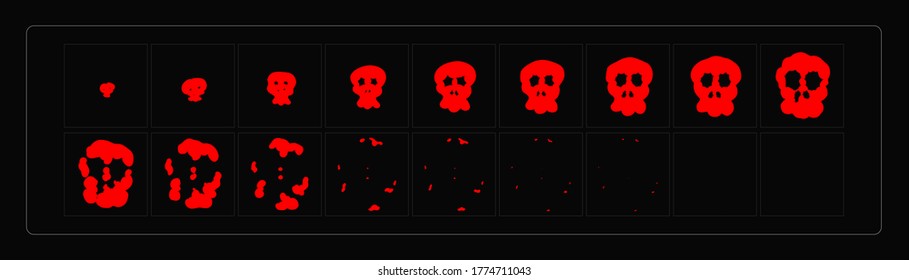 Skull explosion animation. Skull FX Sprite Sheet for game or cartoon, classic animation and motion design. 2D classic skull FX. EPS10 vector illustration.