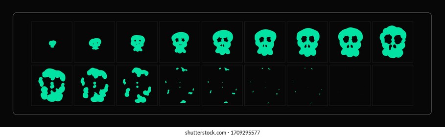 Skull Explosion Animation. toxin skull FX Sprite Sheet for video Game or Cartoon, Classic Animation and motion design. 2D Classic Skull FX. EPS 10 Vector illustration.