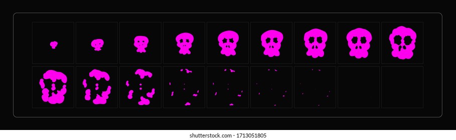 Skull Explosion Animation. Toxin skull FX Sprite Sheet for video Game or Cartoon, Classic Animation and motion design. 2D Classic Skull FX. EPS 10 Vector illustration.