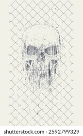 Skull explosion vector on chain link mesh background. Many pieces of bone fly apart and scatter as a sign of danger and fear warning. concept of forbidden zone horror electro radiation and death