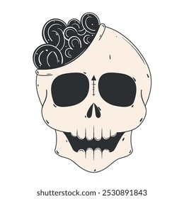 Skull with exposed brain illustration in black and white, Vector