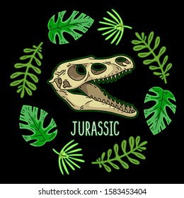 Skull of extinct creature velociraptor among palm leaves on black background. Vector illustration for t-shirts design prints, posters, cards etc.