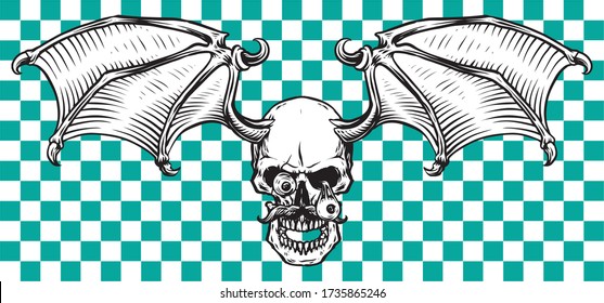 skull with eye  come out with black and white bat wing line art illustration