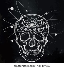 Skull with an eye on the forehead, divination, mysticism, prediction. Handmade. Tattoo design. Vector chalk illustration