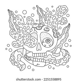 Skull with eye. Surrounded with tentacles, seaweeds, corals. Underwater sea nature. Coloring page. Funny cartoon vector illustration. Black and white colors. Outlined hand drawn artwork. Isolated