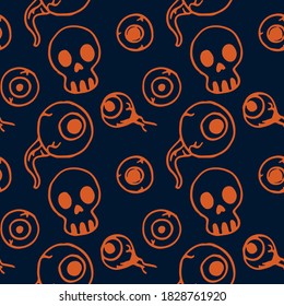 Skull and eyeball on navy blue backdrop. Halloween seamless pattern for wallpaper, wrap paper, sleeper, bath tile, apparel or bed linen Phone case or cloth print Doodle style stock vector illustration
