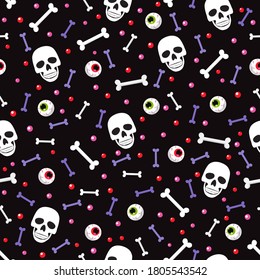 Skull and eyeball seamless pattern on blue background. halloween skull pattern background. vector illustration