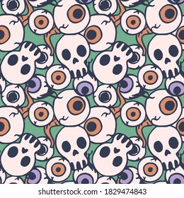 Skull and eyeballs on green backdrop. Halloween seamless pattern for wallpaper, wrap paper, sleeper, bath tile, apparel or bed linen Phone case or cloth print. Doodle style stock vector illustration