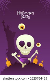 Skull with eyes and bones against the background of graves and the statue of liberty. Modern illustration of a skull for Halloween. Bright invitation to a Halloween party.