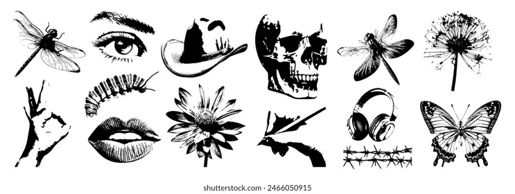 Skull, eyes, butterfly, dragonfly, lips, mouth, headphones, chains, cowboy hat with ink effect. Elements in the style of halftones for creating collages, templates, retro Y2K. Vector.