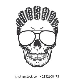 Skull Face With Afro Hair And Sunglasses Vintage Hairstyles Vector Line Art Illustration.