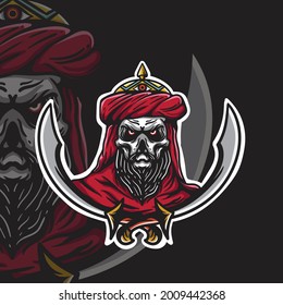 skull face arabic knight illustration with sword