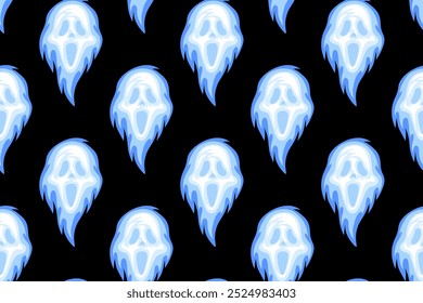 skull face with blue fire seamless pattern background for print on textile, wrapping. bogeyman face with flame old school pattern on black background. groovy blue flaming with ghost face pattern