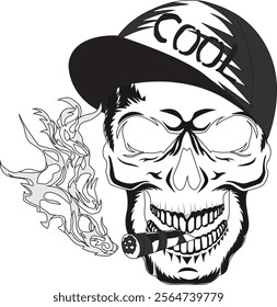 Skull Face With Cap Smoking Cigar Vector