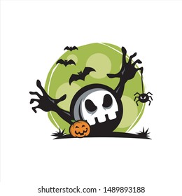 Skull Face Cartoon Halloween Moon Logo Vector