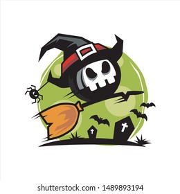 Skull Face Cartoon Halloween Moon Logo Vector