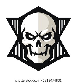 A skull face with evil eyes and a menacing grin in a black and white star shape