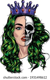 Skull face girl with a crown with green hair