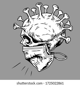 Skull face in medical face mask. Vector illustration. Corona virus quarantine 2019-nCoV Concept for print poster shirt, desing tattoo, sigh.