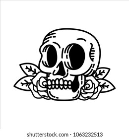 Skull face simple line art with rose