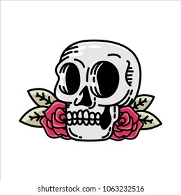 Skull face simple line art with red rose full color