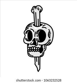 Skull face simple line art with weapon skull grey color