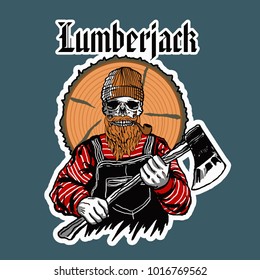 skull face with smoke pipe lumberjack with axe and big lumber vector isolated 